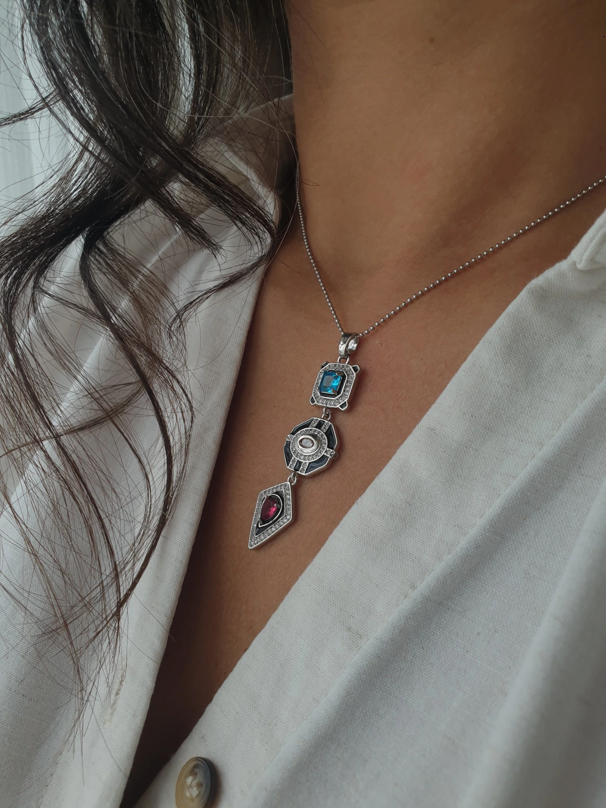 JOC Silver Tasarım Renkli 3 Taş Kolye