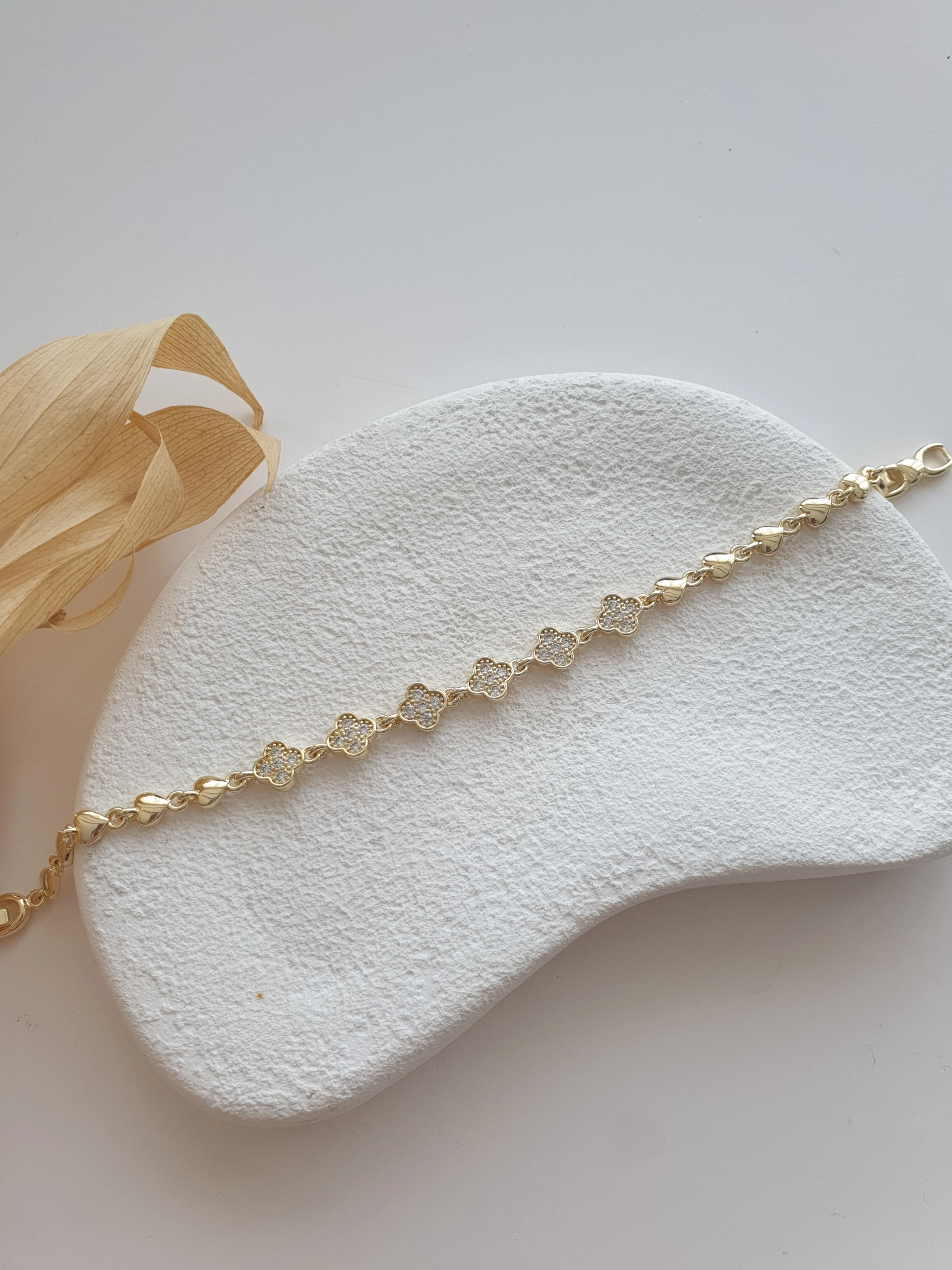 14K Gold Kalp ve Yonca Bileklik