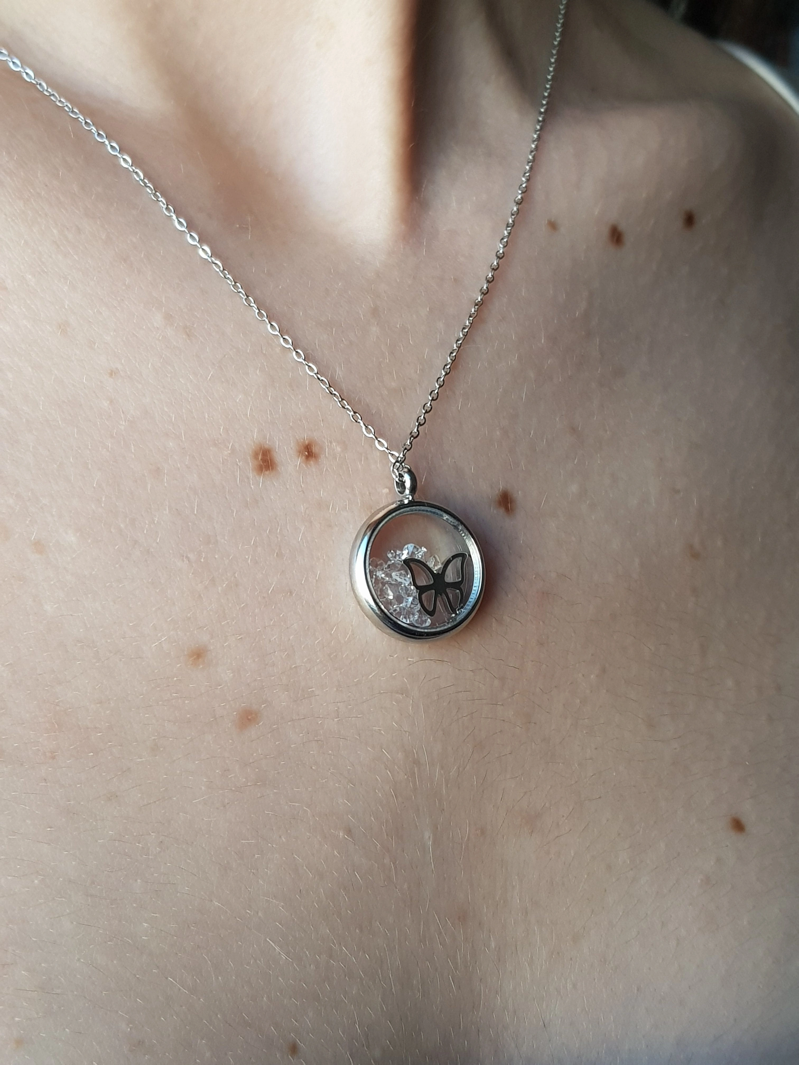 JOC Cam İçi Taşlı Kelebek Kolye (Silver) Çelik