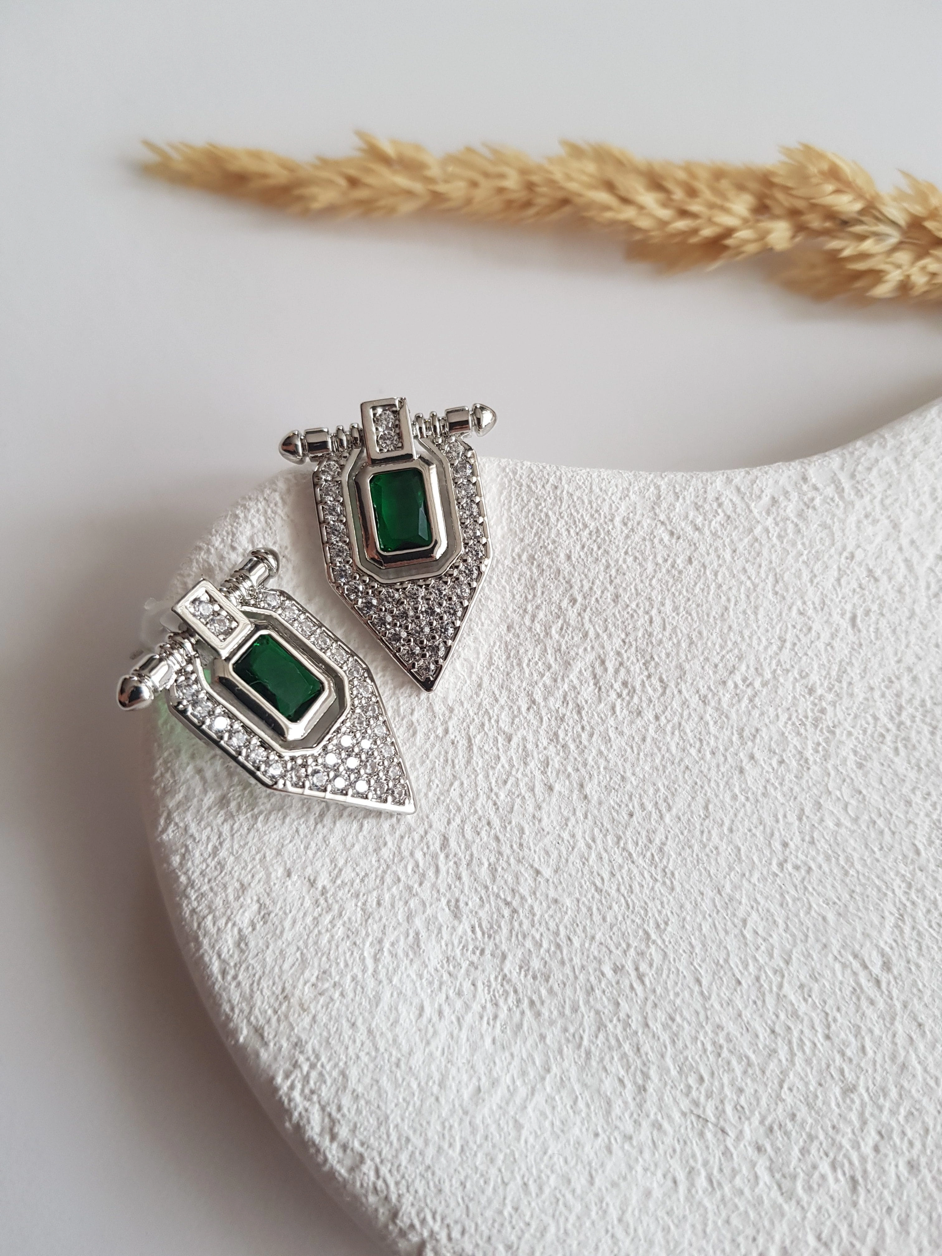 JOC Silver Zirkon Yeşil Taşlı Madalyon Küpe
