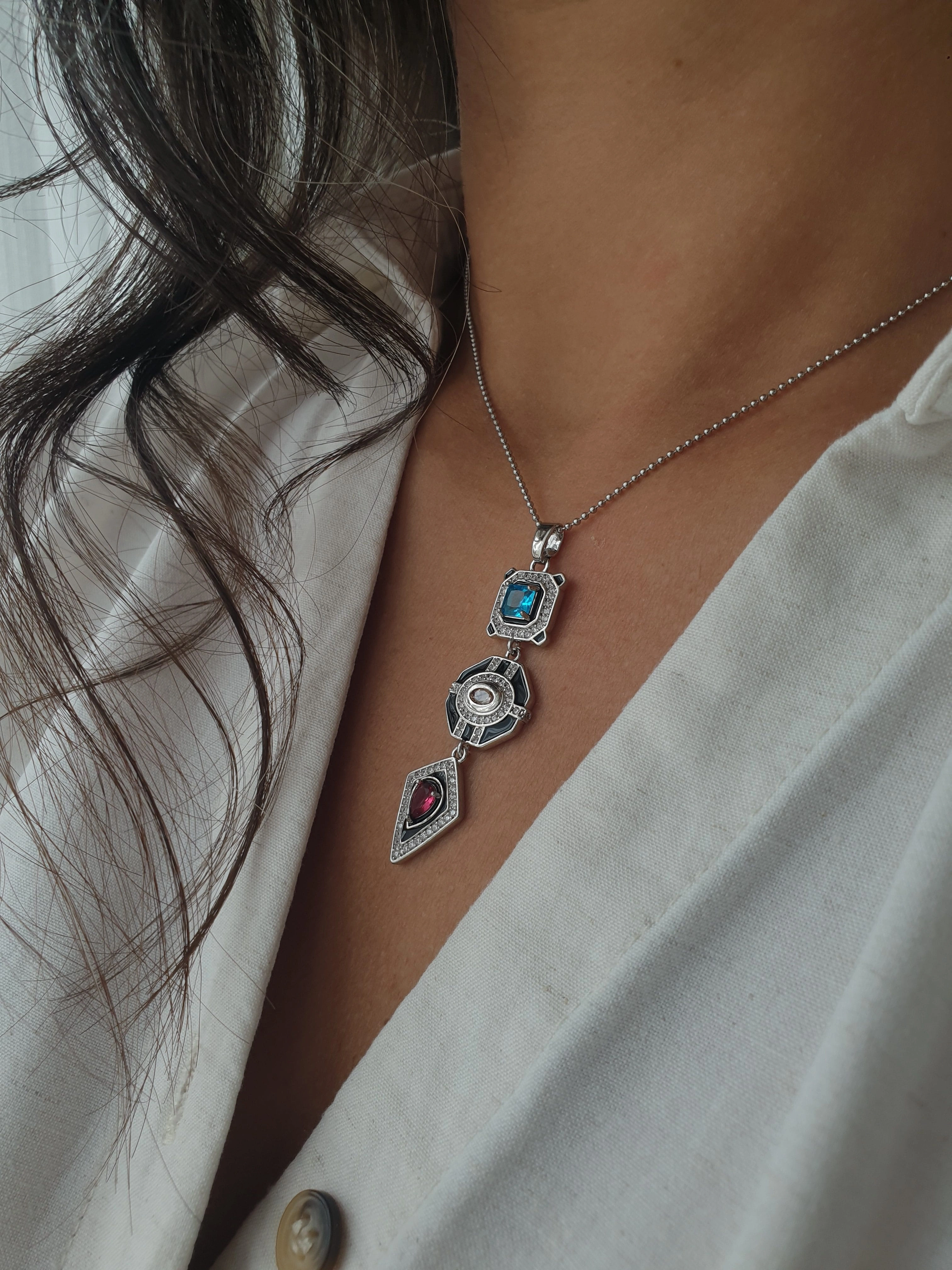 JOC Silver Tasarım Renkli 3 Taş Kolye